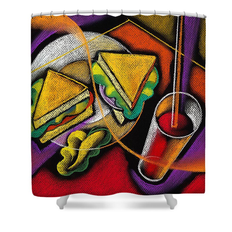 Bowl Close Up Color Image Concept Convenience Dinner Food And Drink Fork Grape Hamburger Illustration Illustration And Painting Lunch Macaroni Macaroni And Cheese Nobody Sandwich Square Image Still Life Variety Assortment Bread Close-up Color Colour Cutlery Drawing Food Fruit Ground Beef Meal Mince Pasta Square Still-life Abstract Painting Decorative Art Shower Curtain featuring the painting Lunch by Leon Zernitsky