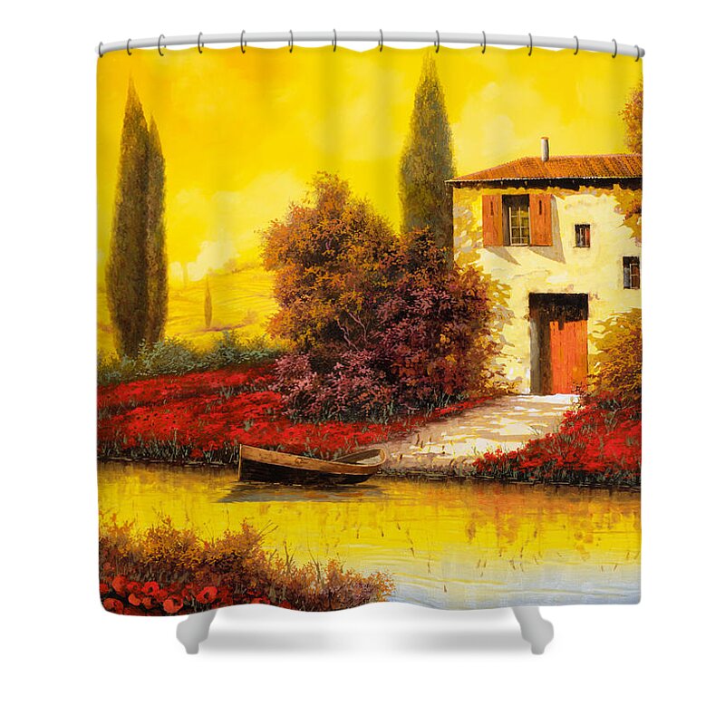 Landscape Shower Curtain featuring the painting Tanti Papaveri Lungo Il Fiume by Guido Borelli