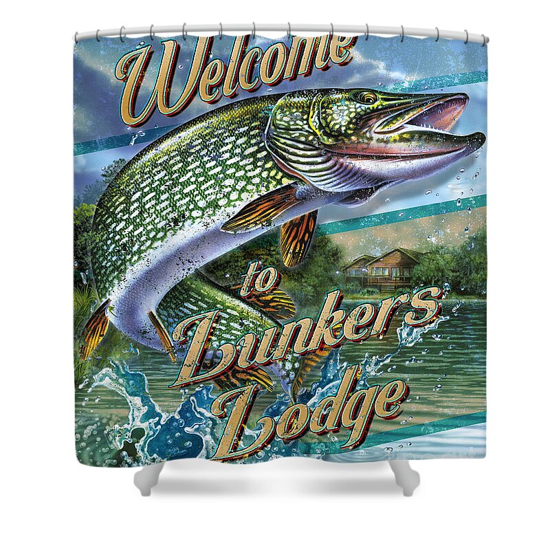 Jon Q Wright Shower Curtain featuring the painting Lunkers Lodge Sign by JQ Licensing