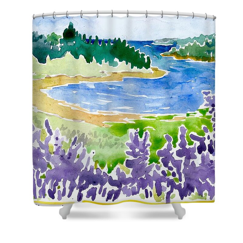  Shower Curtain featuring the painting Lupine Coastal Scene Watercolor by Catinka Knoth