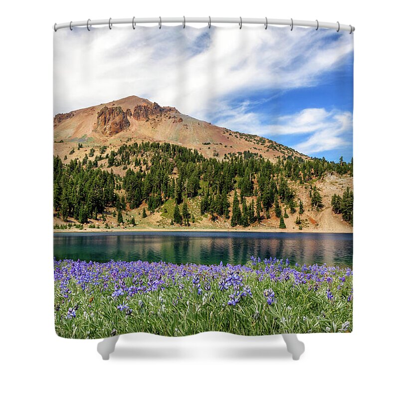 Mount Lassen Shower Curtain featuring the photograph Lupines Lake And Lassen by James Eddy