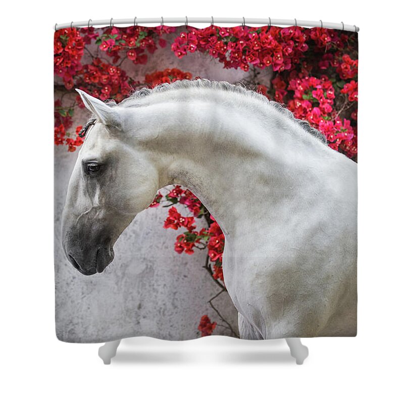 Russian Artists New Wave Shower Curtain featuring the photograph Lusitano Portrait in Red Flowers by Ekaterina Druz