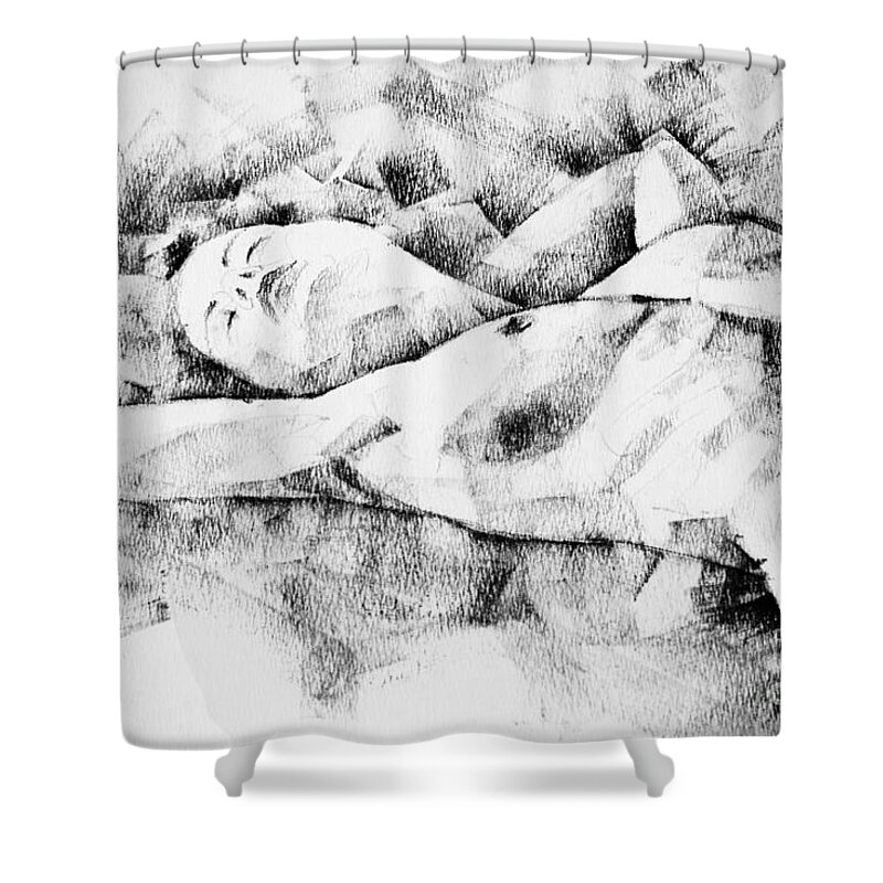 Drawing Shower Curtain featuring the drawing Lying Woman Figure Drawing by Dimitar Hristov