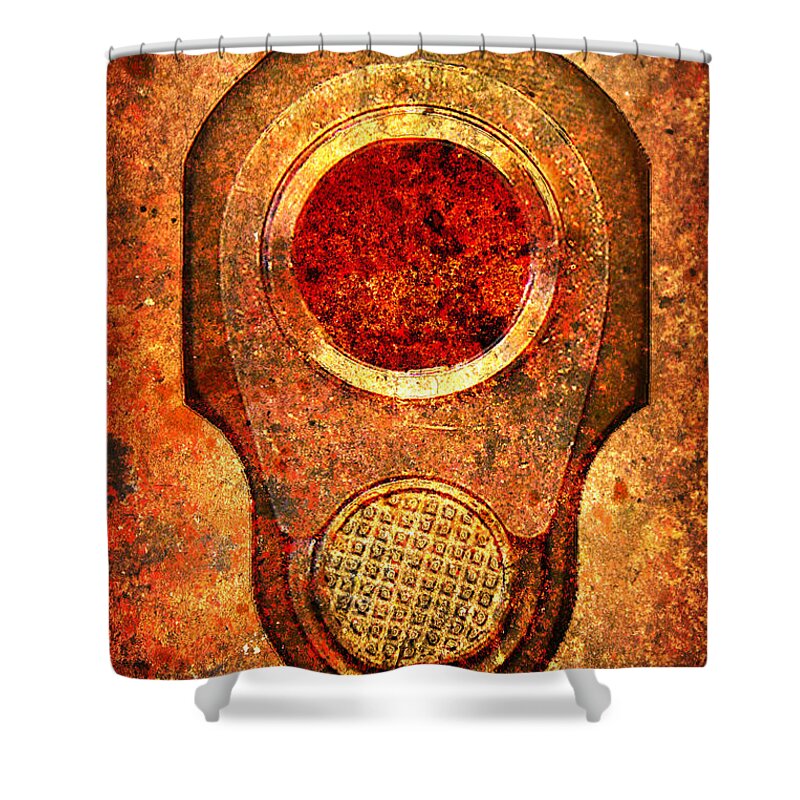 Colt Shower Curtain featuring the digital art M1911 Muzzle On Rusted Background - With Red Filter by M L C