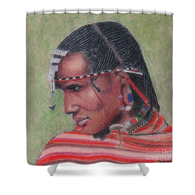 Maasai Shower Curtain featuring the pastel Maasai Warrior II -- Portrait of African Tribal Man by Jayne Somogy