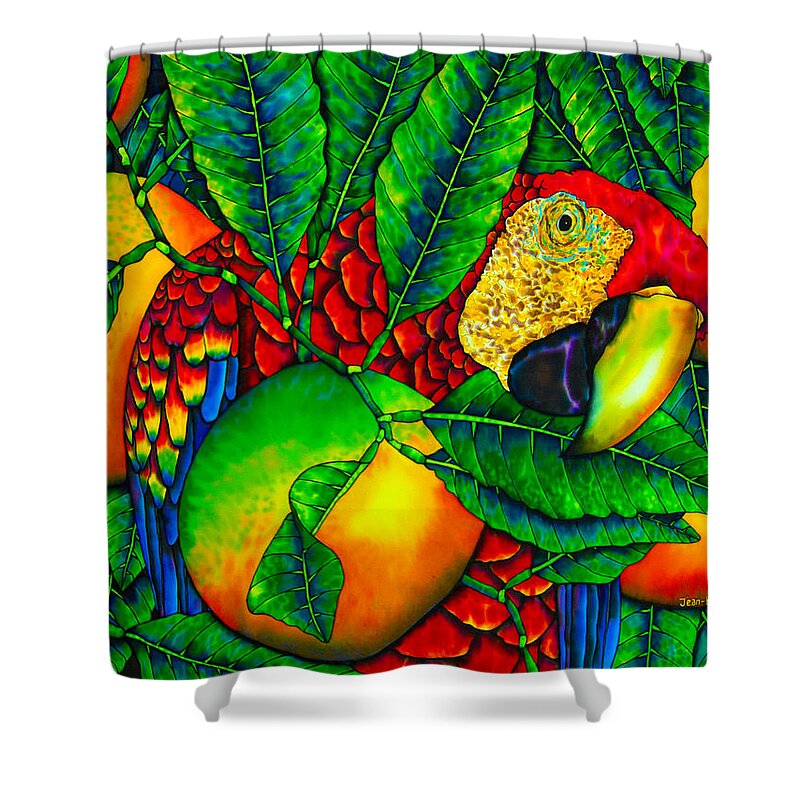 Scarlet Macaw Shower Curtain featuring the painting Macaw and Oranges - Exotic Bird by Daniel Jean-Baptiste