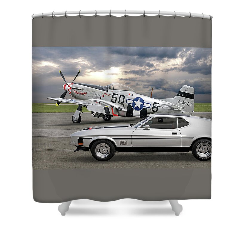 Ford Mustang Shower Curtain featuring the photograph Mach 1 Mustang with p51 by Gill Billington