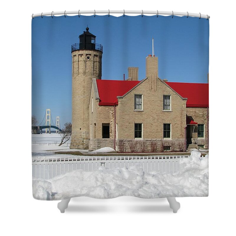 Old Mackinac Point Shower Curtain featuring the photograph Mackinac Bridge and Light by Keith Stokes