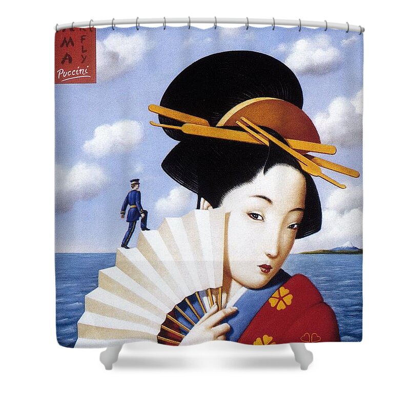 Madame Butterfly Shower Curtain featuring the mixed media Madam Butterfly Puccini - Japanese Kimono - Vintage Advertising Poster by Studio Grafiikka
