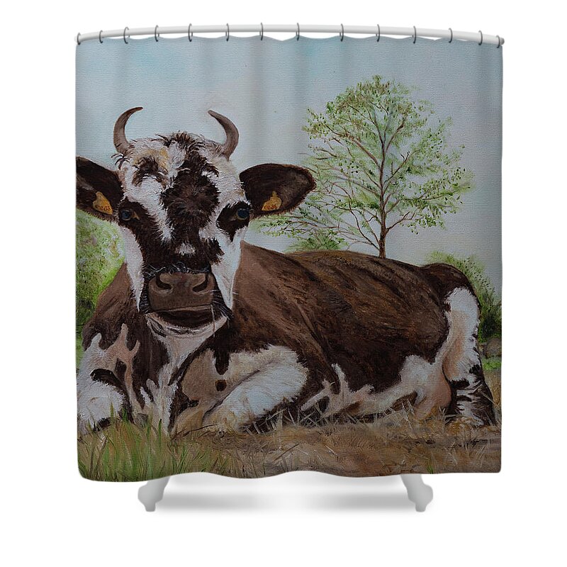 Cow In French Shower Curtain featuring the painting Madame Vache by Kathy Knopp