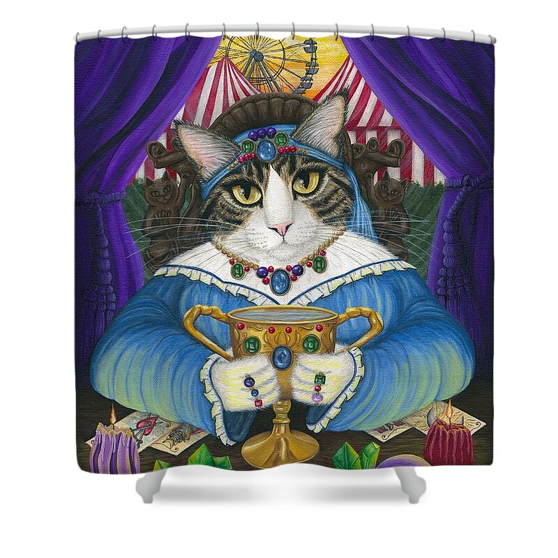 Fortune Teller Cat Shower Curtain featuring the painting Madame Zoe Teller of Fortunes - Queen of Cups Cat by Carrie Hawks