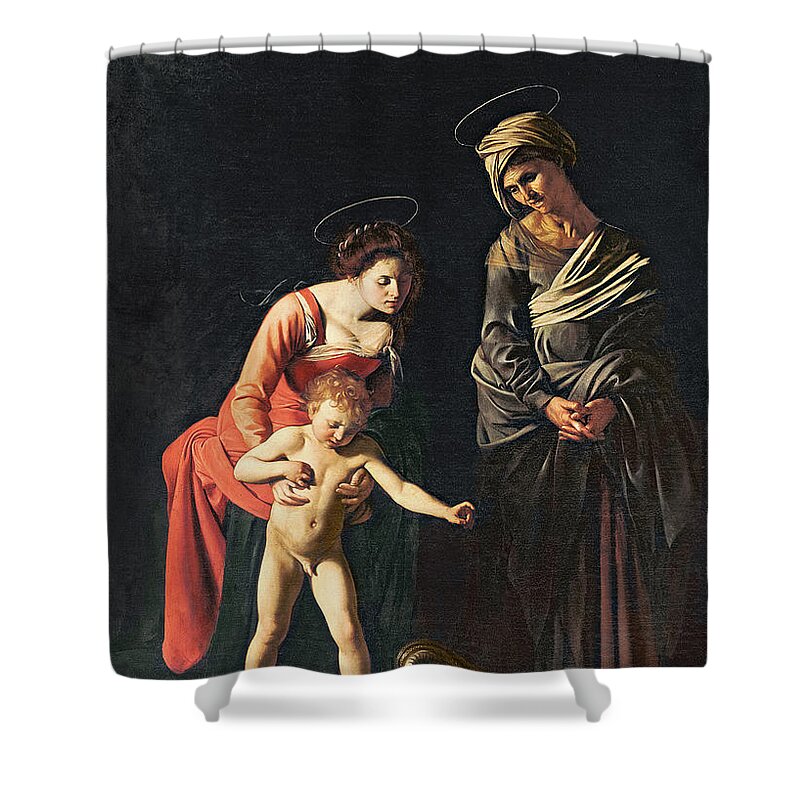 Madonna And Child With A Serpent Shower Curtain featuring the painting Madonna and Child with a Serpent by Michelangelo Merisi da Caravaggio