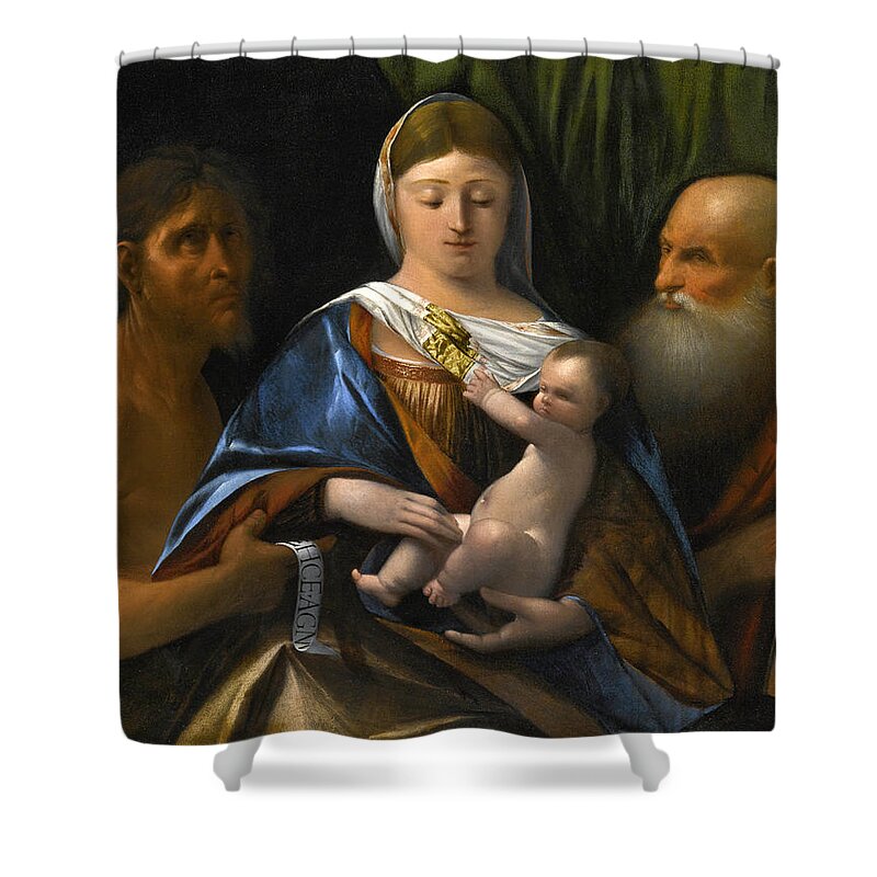 Dosso Dossi Shower Curtain featuring the painting Madonna and Child with Saints John the Baptist and Jerome by Dosso Dossi