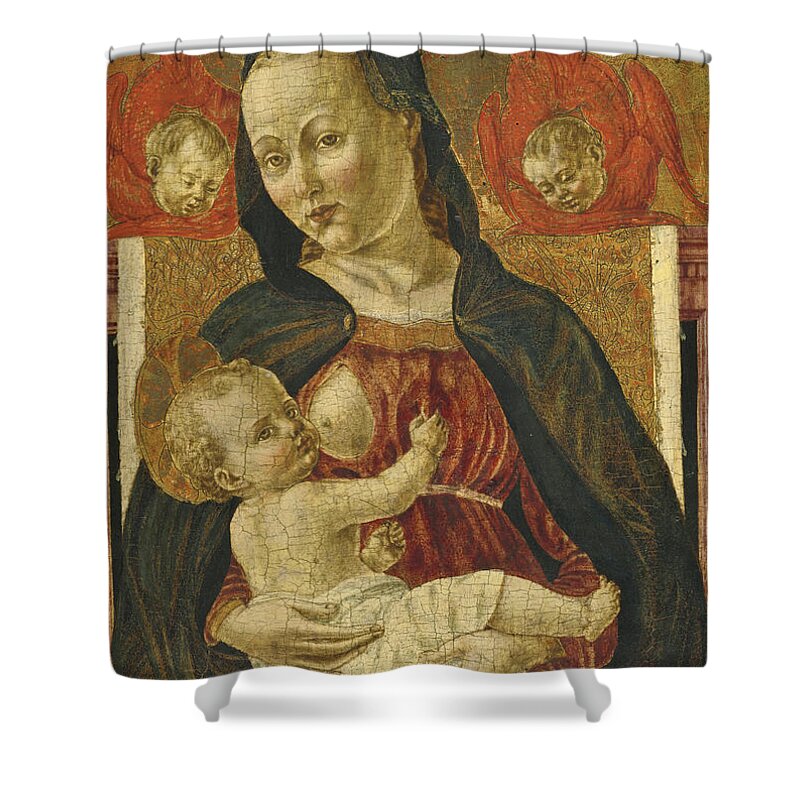 Agnolo Degli Erri Shower Curtain featuring the painting Madonna and Child with two angels by Agnolo degli Erri