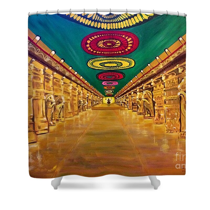 Madurai Shower Curtain featuring the painting Madurai Meenakshi Temple Mandapam by Brindha Naveen