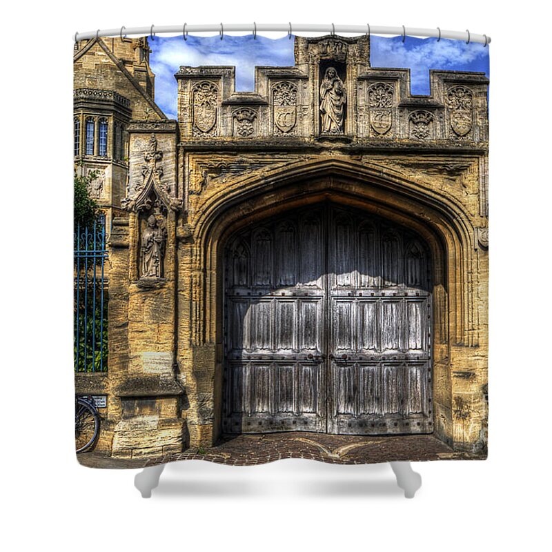 Yhun Suarez Shower Curtain featuring the photograph Magdalen College Door - Oxford by Yhun Suarez