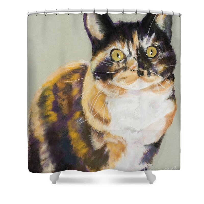 Calico Shower Curtain featuring the painting Maggie Mae by Pat Saunders-White