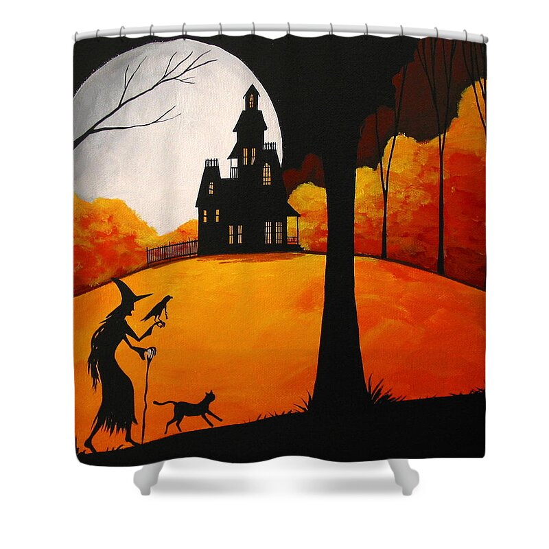 Art Shower Curtain featuring the painting Magical Friends - witch silhouette by Debbie Criswell