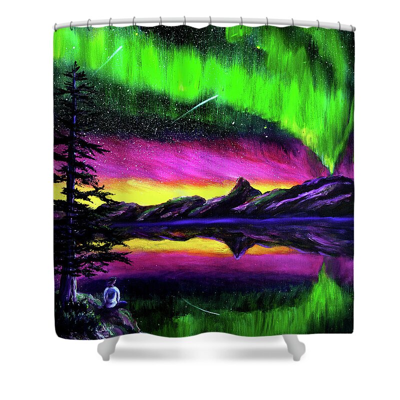 Northern Lights Shower Curtain featuring the painting Magical Night Meditation by Laura Iverson