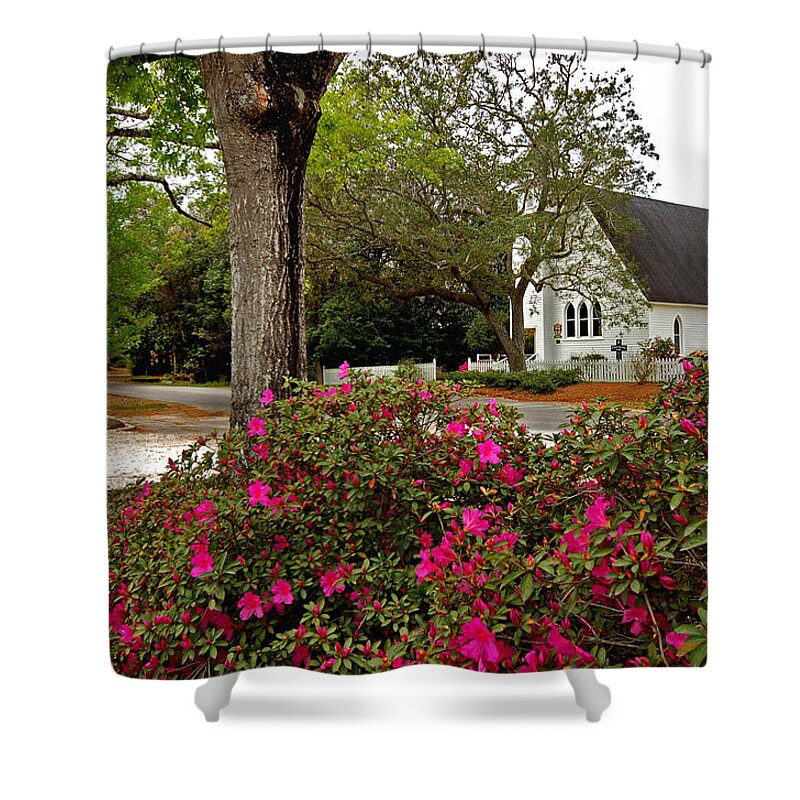 Magnolia Springs Shower Curtain featuring the painting Magnolia Springs Alabama Church by Michael Thomas