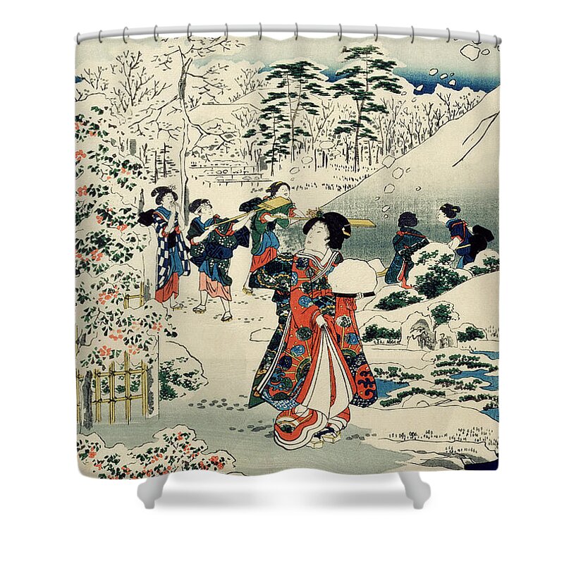 Maids In A Snow-covered Garden Shower Curtain featuring the painting Maids in a snow covered garden by Hiroshige