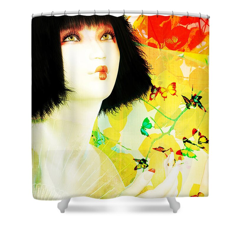Maiko Shower Curtain featuring the digital art Maiko and Butterflies by Shanina Conway
