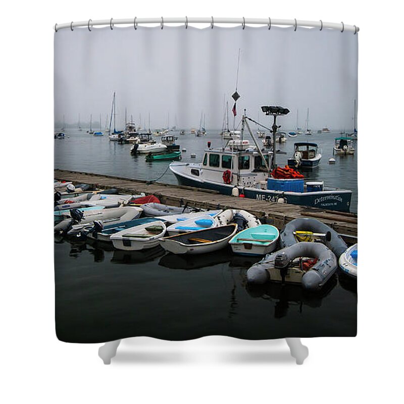 Maine Shower Curtain featuring the photograph Maine Falmouth Boat Landing on Misty Morning Panorama by Ranjay Mitra