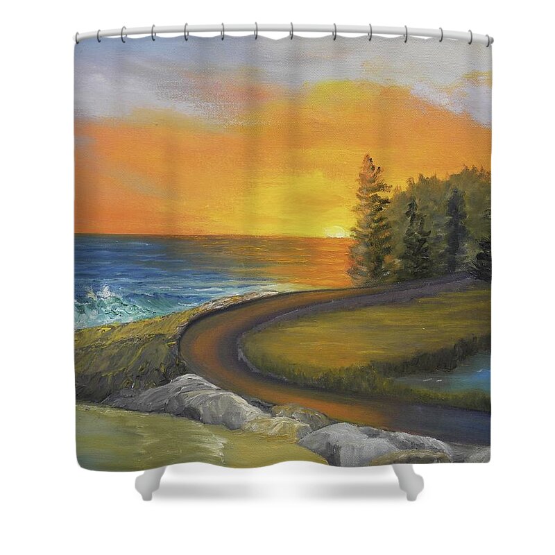 Sunrise Maine Ocean Seascape Landscape Waves Rocks Orange Sky Shower Curtain featuring the painting Maine Ocean Sunrise by Scott W White