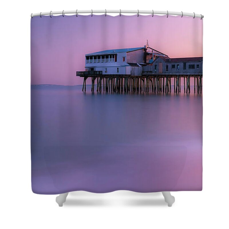 Maine Shower Curtain featuring the photograph Maine OOB Pier at Sunset Panorama by Ranjay Mitra