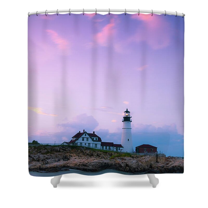 Maine Shower Curtain featuring the photograph Maine Portland Headlight Lighthouse in Blue Hour by Ranjay Mitra