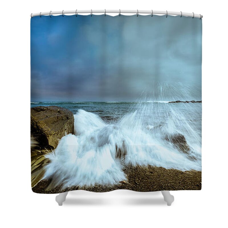 Maine Shower Curtain featuring the photograph Maine Rocky Coast during Storm at Two Lights by Ranjay Mitra
