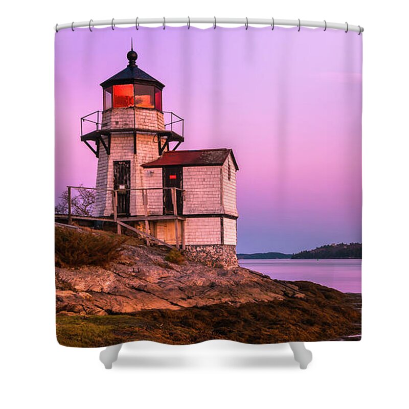 Maine Lighthouse Shower Curtain featuring the photograph Maine Squirrel Point Lighthouse on Kennebec River Sunset Panorama by Ranjay Mitra