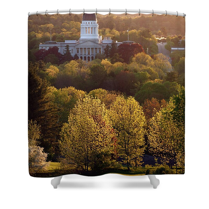 Maine Shower Curtain featuring the photograph Maine State Capitol at Sunset by Olivier Le Queinec
