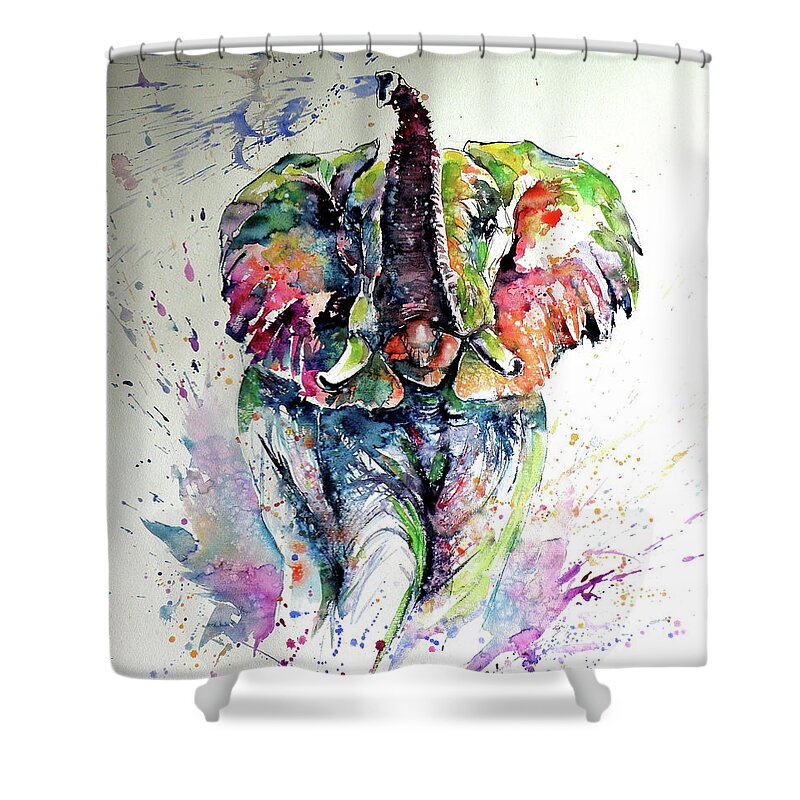 Elephant Shower Curtain featuring the painting Majestic elephant playing by Kovacs Anna Brigitta