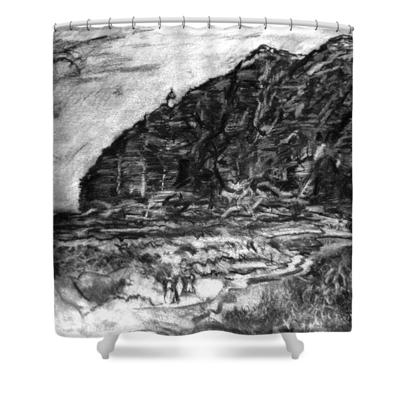 Exotic Tropical Ocean Landscape. Shower Curtain featuring the drawing Makapu'u by Jeffrey Scrivo