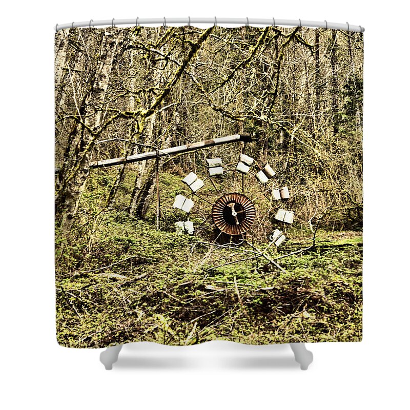 Water Wheel Shower Curtain featuring the photograph Makeshift waterwheel by Jeff Swan