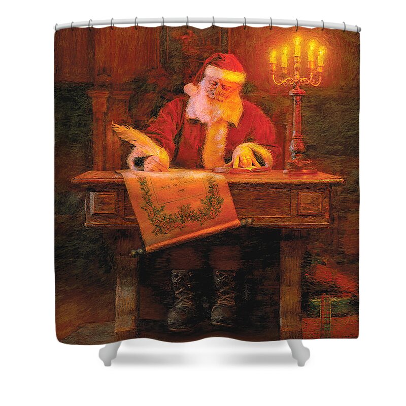 Christmas Shower Curtain featuring the painting Making a List by Greg Olsen