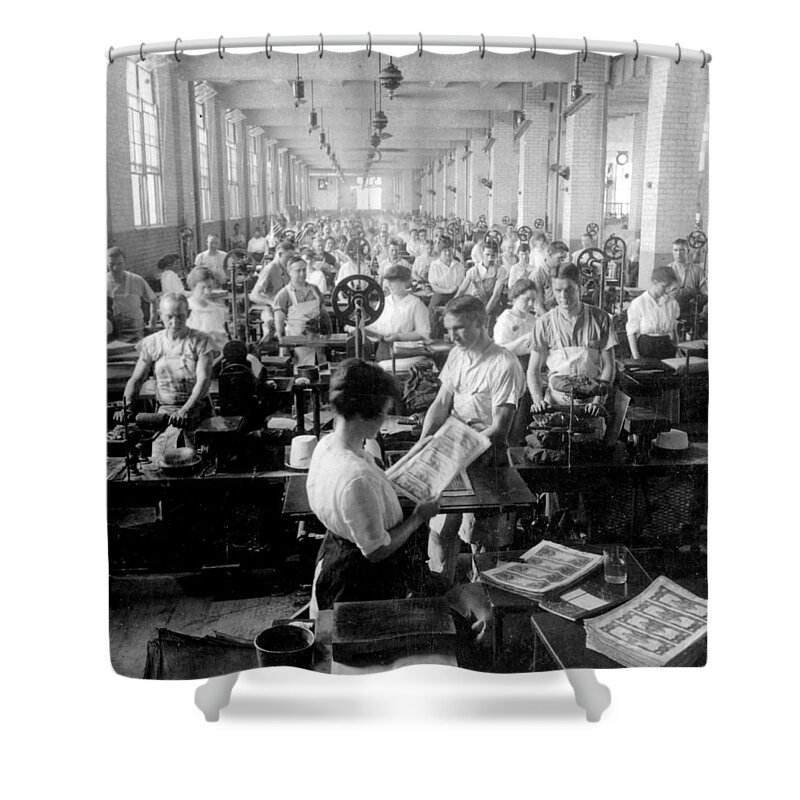 washington Dc Shower Curtain featuring the photograph Making Money at the Bureau of Printing and Engraving - Washington DC - c 1916 by International Images