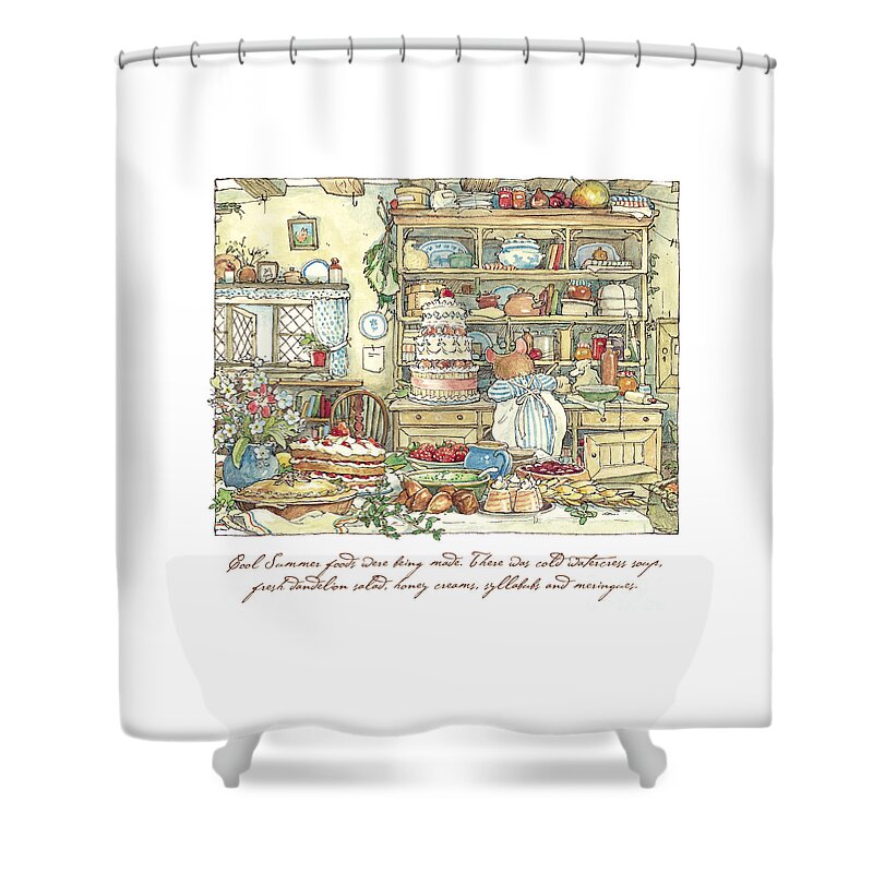 Brambly Hedge Shower Curtain featuring the drawing Making the wedding cake by Brambly Hedge