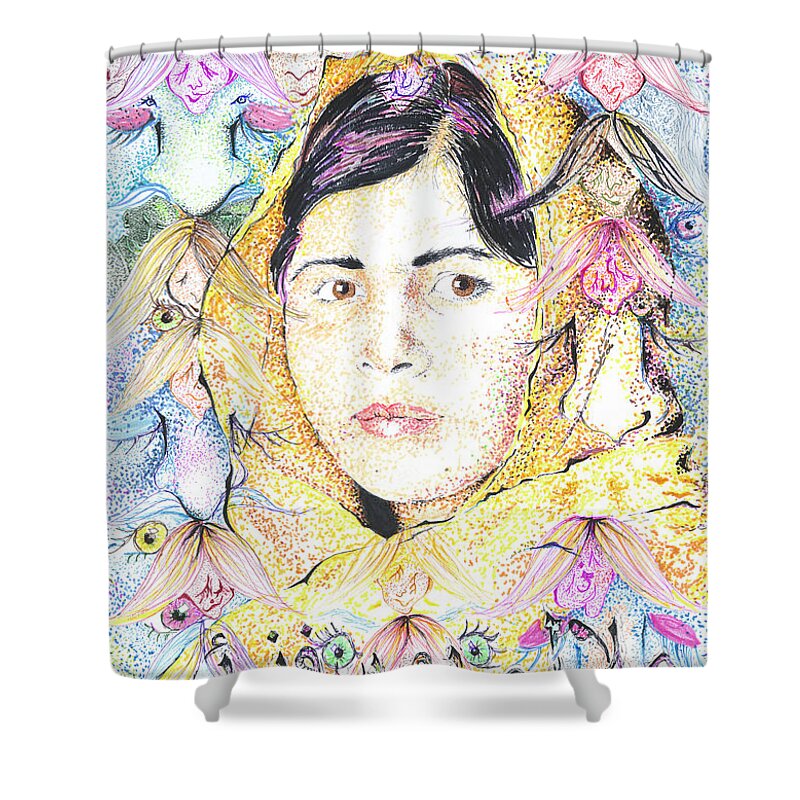 Malala Shower Curtain featuring the drawing Malala-Don't Ignore Us-Sombra de Arreguin by Doug Johnson