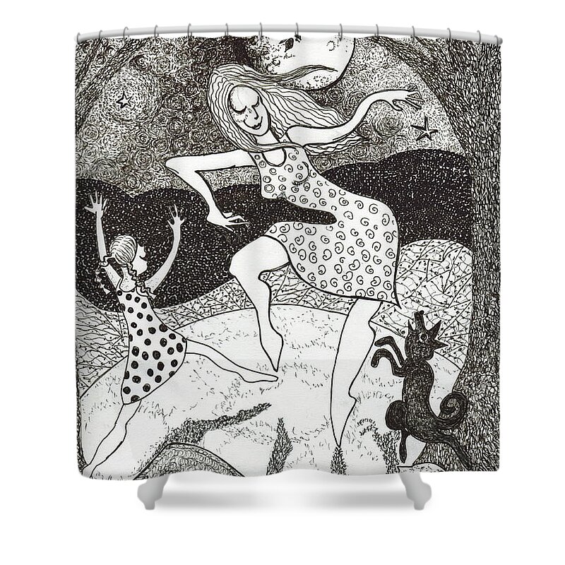 Pen And Ink Shower Curtain featuring the drawing Mama did the moon dance by Todd Peterson