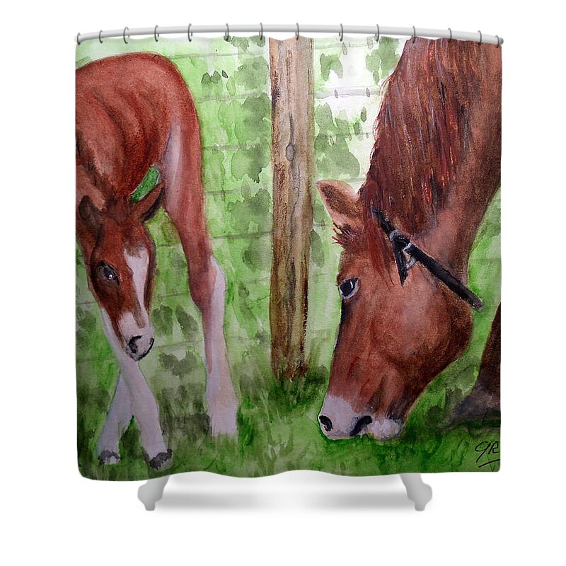 Horse Shower Curtain featuring the painting Mamma and her Baby by Carol Grimes