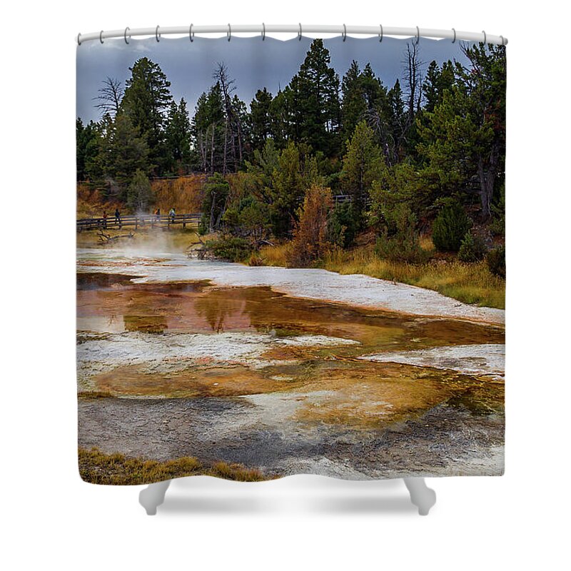 America Shower Curtain featuring the photograph Mammoth Hot Springs Reflections by Roslyn Wilkins