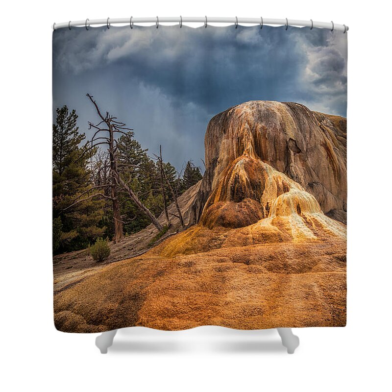 Mammoth Hot Springs Shower Curtain featuring the photograph Mammoth Under Storm by Rikk Flohr