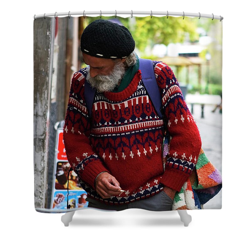 Granada Shower Curtain featuring the photograph Man in a Red Sweater by Lorraine Devon Wilke