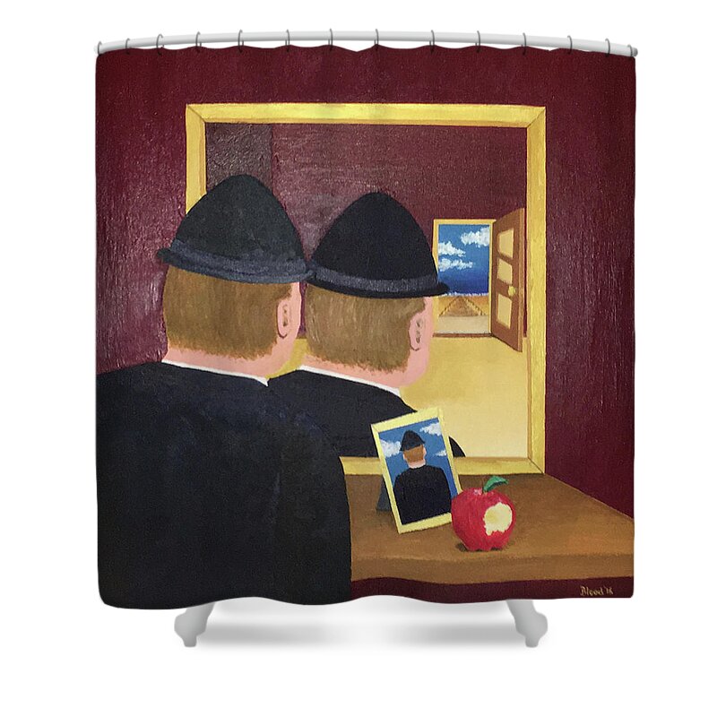Magritte Shower Curtain featuring the painting Man in the Mirror by Thomas Blood