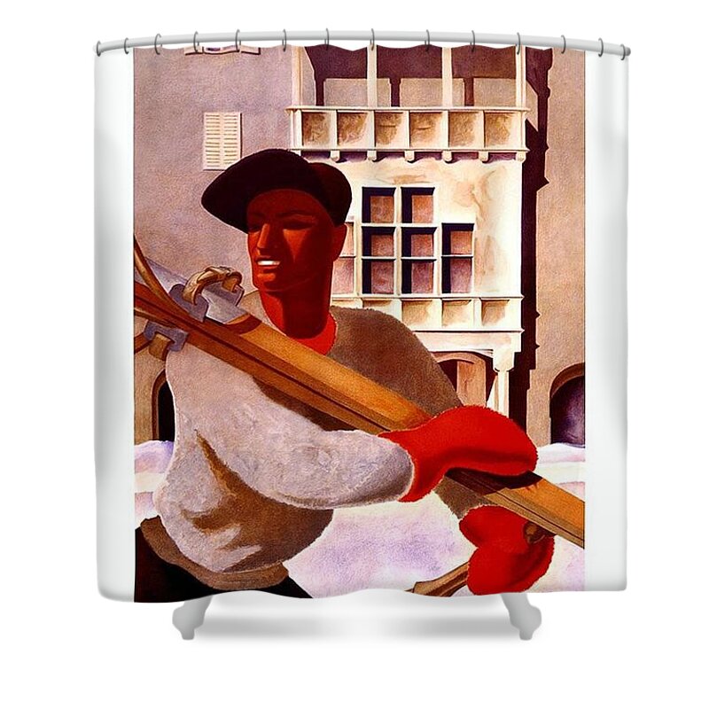 Winter Shower Curtain featuring the mixed media Man in winter clothes carrying skis - Innsbruck Austria - Vintage Travel Poster by Studio Grafiikka