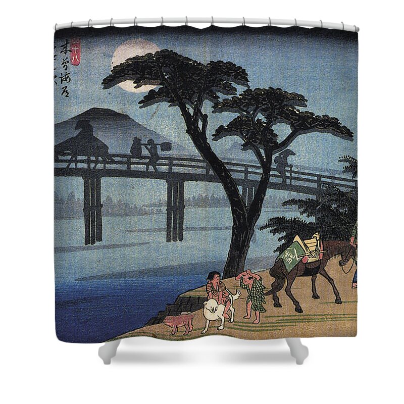 Hiroshige Shower Curtain featuring the painting Man On Horseback Crossing A Bridge by Utagawa Hiroshige