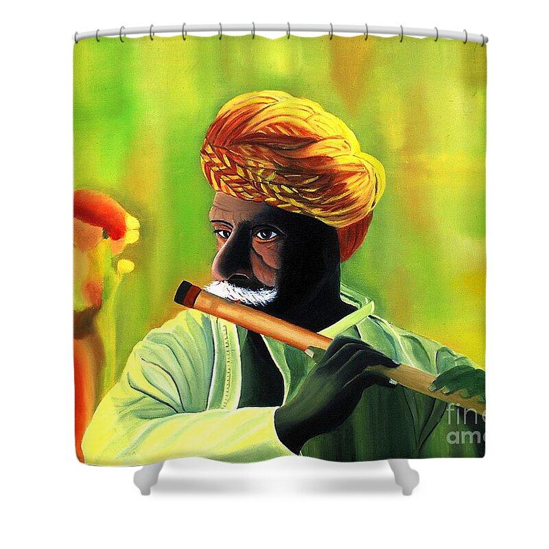 Figurative Shower Curtain featuring the painting Man playing Flute by Usha Rai