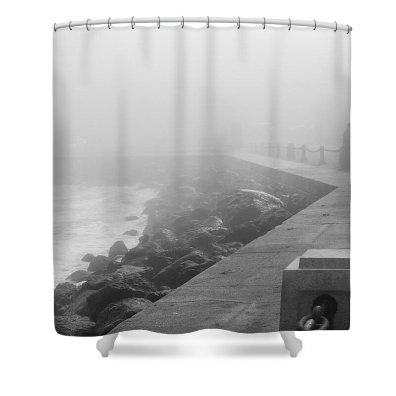 Bonnie Follett Shower Curtain featuring the photograph Man Waiting in Fog by Bonnie Follett
